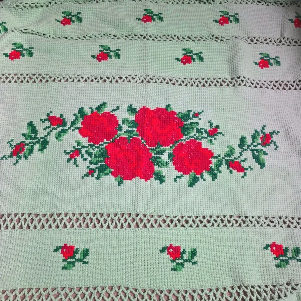 Handmade Afghan Throw Blanket Mint Green Red Rose Cross Stitch Fringe 60x71